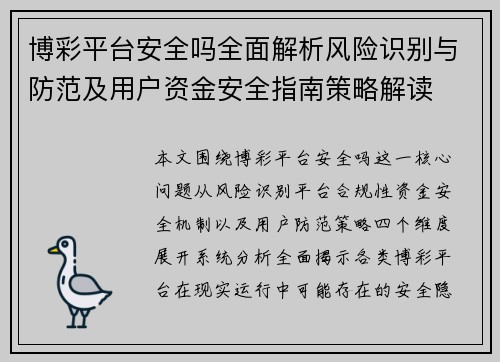 博彩平台安全吗全面解析风险识别与防范及用户资金安全指南策略解读